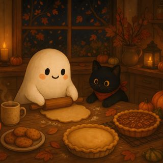 a cat and a ghost are sitting at a table with pumpkins Cozy Halloween Desktop maroon