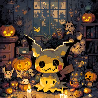 a cartoon pikachu surrounded by pumpkins and candles in front of a window Halloween Anime Ideas Mimikyu Poster, Mimikyu Pokemon Fanart, Mimikyu Pokemon Art, dark slate gray