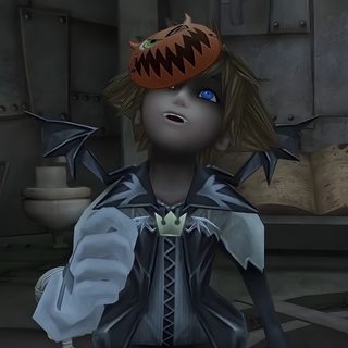 a creepy doll with blue eyes wearing a costume Sora Halloween Town 4k dark slate gray