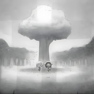 two people standing under a tree in the middle of a foggy sky with clouds Missing Halloween Creepy Background Gif, Hilda And The Mountain King, Hilda Background Chapter 5, dark gray