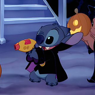 two cartoon characters dressed up as witches and one is holding a candy cornucon Halloween Stitch Gif Stitch Halloween Pfp, Lilo Halloween, Stitch Gif Pfp, dark slate blue