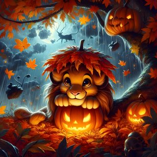 a lion sitting in the middle of a forest with pumpkins on it's head Lion King Halloween Autumn Lion Art, Lion King Merry Christmas, Disney Halloween Pictures, saddle brown