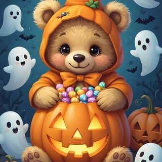 a teddy bear in a pumpkin costume surrounded by ghost and jack - o'- lanterns Teddy Bear Halloween Halloween Teddy Bear Art, Teddy Bear Halloween Background, Halloween Teddy Bear Pictures, dim gray