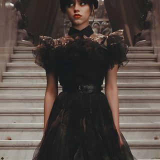 a woman in a black dress standing on some steps Wednesday Addams Halloween Wednesday Photos, Wednesday Addams Photo, Wednesday Dress Photo, dark slate gray
