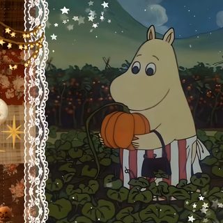 an animated image of a dog holding a pumpkin in front of the moon and stars Moomin Halloween Moomin Valley, Autumn Cozy, Goblincore Aesthetic, Autumn Actvities, dark olive green