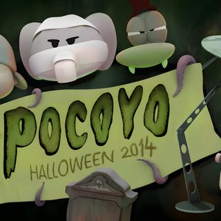 cartoon characters holding up a sign that reads pocoyo via daas bruxs 2014 Pocoyo Halloween Pocoyo Dia Das Bruxas 2014 Poster, Halloween Party Ideas For Kids, Pocoyo Halloween Special, dark slate gray