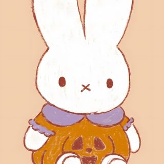 a drawing of a white rabbit holding a pumpkin in front of an orange and purple background Halloween Rabbit Miffy Pumpkin Carving, Halloween Draw, November Art, Autumn Stuff, wheat