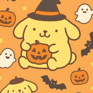 an orange halloween background with ghost, dog and pumpkins Cute Yellow Halloween Pompompurin Autumn, Pompompurin Thanksgiving, Pompompurin Halloween Background, sandy brown