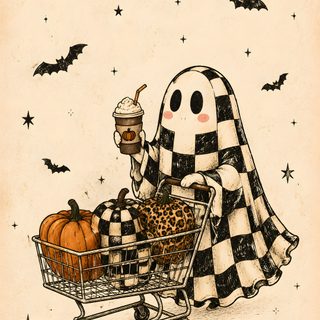 a drawing of a ghost sitting in a shopping cart with pumpkins and an ice cream Cute Halloween For Car Seat bisque
