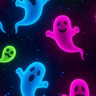 neon colored ghost wallpaper with stars in the sky and smiling faces on each side Glow In The Dark Halloween Neon Spooky, Spooky Neon Halloween, Glow In The Dark Halloween, black