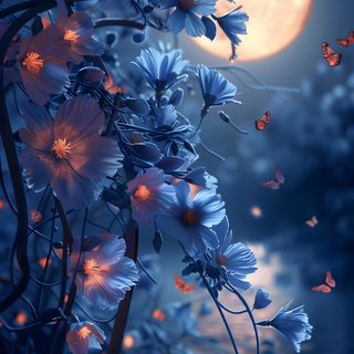 blue flowers and butterflies in front of a full moon with the sky lit by lights Moonlight Flowers Halloween Floral Moonlight Moths, Moonlight Moths Custom, Moon Moth Design, dark slate gray