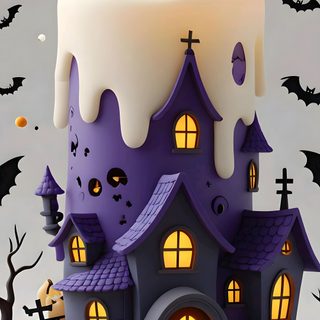 a candle that is sitting in front of a house with bats and pumpkins around it 3d Halloween Lectura De Tarot, Halloween, Bat, Candles, dark gray