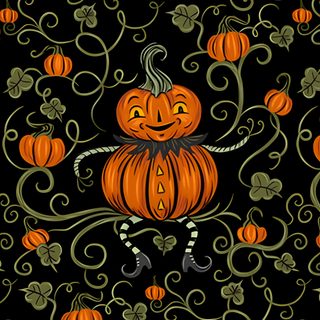 an orange pumpkin sitting on top of a black background with swirly vines and leaves Johanna Parker Halloween Johanna Parker Halloween, Whimsical Jack O Lanterns, Johanna Parker Halloween Dishes, black