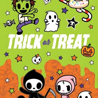 an advertisement for trick or treat with cartoon characters Tokidoki Halloween Tokidoki Sanrio, Tokidoki, Unicorno Tokidoki, Tokidoki Poster, yellow green