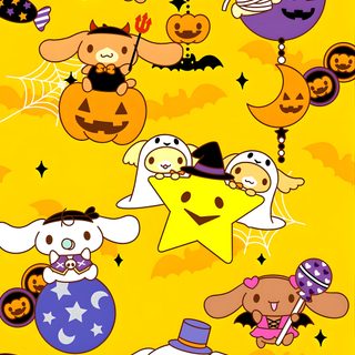 an image of some cartoon characters on a yellow background with pumpkins and stars in the sky Cinnamon Roll Halloween Cinnamon Roll Hello Kitty Halloween, Cinnamoroll Halloween Background, Sanrio Halloween Pictures Cinnamoroll Halloween, gold