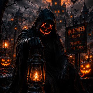 a halloween scene with pumpkins, jack - o'- lanterns and a ghost Halloween Mask Happy Halloween Gif, Halloween Party Poster, Halloween Outside, Halloween Gif, black