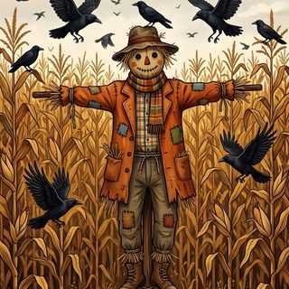 a scarecrow standing in the middle of a cornfield with crows flying around him Halloween Scarecrow Crow Painting, Scarecrow, sienna