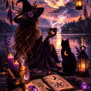 a woman sitting on top of a wooden deck next to a cat and lantern in the sky Beautiful Halloween Witch Witches Animated, Nature Witch Aesthetic, Magic Witchcraft, dark slate gray