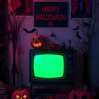 an old television with halloween decorations on the wall 80s Halloween Aesthetic 80s Halloween, 80s Halloween Aesthetic, Halloween 80s, Halloween Bar, black