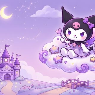 a cartoon cat is sitting on top of a cloud with a castle in the background Desktop Kuromi Halloween Desktop Kuromi Desktop Hd, Kuromi Aesthetic, Kuromi, Pc, Desktop, Art Painting, plum
