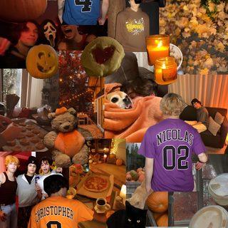 a collage of photos with people dressed in halloween costumes and pumpkins on them Sturniolo Halloween Autumn Halloween Collage, Cozy Fall Aesthetic, Fall Photo Inspiration, saddle brown