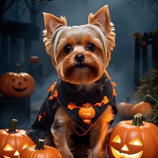 a small dog wearing a black shirt and pumpkins Yorkie Halloween Happy Halloween Dog Pictures, Dog Halloween Pictures, Cute Halloween Dogs, dark slate gray