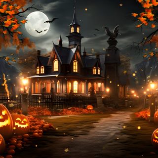 a halloween scene with pumpkins on the ground Halloween Village 4k Halloween Background 1920x1080, Halloween City Background, Spooky Halloween Village Scene, dark slate gray