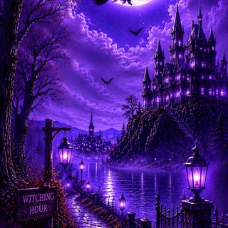 a painting of a witch flying over a castle at night Halloween Purple Witch Purple Halloween, Witch Cottage, Haunted Castle, Ghost Ship, Gothic, midnight blue