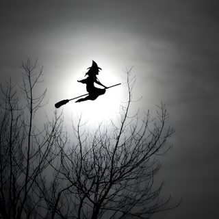 a black and white photo of a witch flying in the sky Halloween Facebook Cover Witch Flying Into Tree, Broom Flying Aesthetic, Share Icon Youtube, dark slate gray
