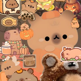 two stuffed animals are standing next to each other in front of a collage of teddy bears Cute Capybara Halloween Funny Lockscreen, Wildlife Decor, Cute Backgrounds, Nature Aesthetic, Nature, peru