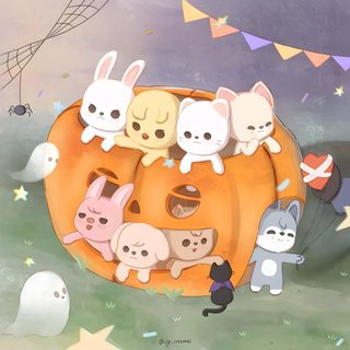 a group of cats sitting on top of a pumpkin in front of some bats and bunnies Skz Halloween Laptop Cool Pictures, Kids Zoo, Iphone Girly, Kids, Halloween Kids, Boy Groups, rosy brown