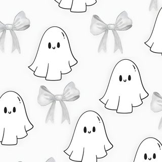 a bunch of little ghost faces on a gray background with a bow in the middle Black And White Halloween Skulls In Bow Preppy Ghost, Aesthetic Ghost, White Halloween Aesthetic, white smoke