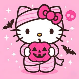a hello kitty holding a pumpkin with a skull on it's chest and wearing a pink hat Pink Pink Hello Kitty Halloween Cute Halloween Cartoon Design, Halloween Party Decoration Ideas, Hello Kitty Mummy Costume,