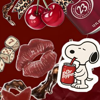 an assortment of stickers and decals on a red background with a can of soda Dr Pepper Halloween Dr Pepper, Aesthetic, Stuffed Peppers, saddle brown
