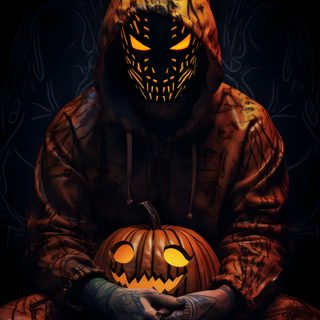 a person in a pumpkin costume holding a jack - o'- lantern with glowing eyes Halloween Iphone For Boys Dark Angel, New, Anime Background, Halloween Art, Phone, Angel, black