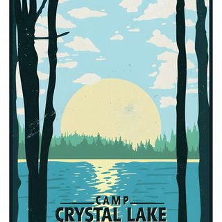 a camp crystal lake poster with trees and water in the foreground, under a cloudy sky Camp Crystal Lake Halloween Camp Crystal Lake Background, Crystal Lake Art, Jason Voorhees Camp Crystal Lake Tattoo, silver