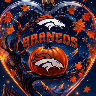a heart shaped ornament with the denver football team on it and fall leaves Broncos Halloween black