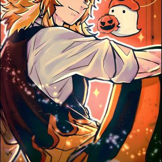 an anime character with long blonde hair holding a stuffed animal Rengoku Halloween Rengoku Bunny Suit, Halloween Rengoku, Hashira Halloween, Rengoku Halloween Pfp, sienna