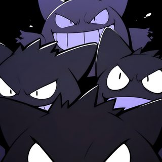 three black cats with glowing eyes and fangs Gengar Halloween black
