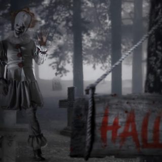 a creepy clown standing in the middle of a forest Wrecking Ball Halloween 4k Flyer Free, Halloween Gif, Halloween Flyer, Evil Clowns, dark slate gray