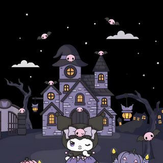 an animated halloween scene with cats and pumpkins in front of a house at night Kuromi Halloween Iphone Kuromi Ungu, Kuromi Halloween Iphone, Kuromi Phone, Cute Kuromi, Kuromi Witch, black