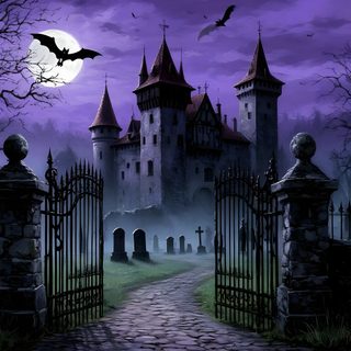 an image of a scary castle with bats flying in the sky and graveyards on the ground Halloween Castle Background Creepy Castle Background, Haunted Castle Night View, Scary Castle Background, dark slate gray