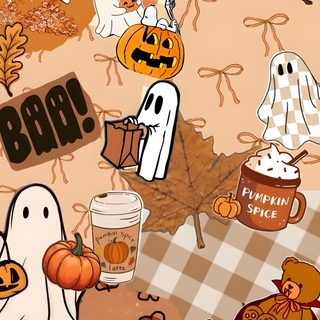 an animated halloween scene with pumpkins and ghostes Preppy For Halloween Fall Spooky Aesthetic, Fall For Boys, Cute Halloween, dark salmon