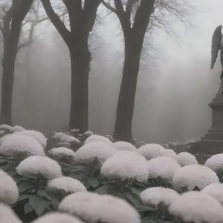 an angel statue in the middle of a park filled with snow covered flowers and trees Gothic Halloween All Gray Grey By Angel Desktop Goth, Grey Discord Banner, Angel Laptop,