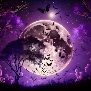 a full moon with bats flying in the night sky over trees and bushes, against a purple background Halloween Bat Moon Purple Large Cute Drawings, Drawings, midnight blue