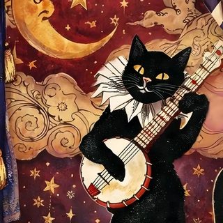 a painting of a black cat playing the ukulele with stars and moon in the background Halloween Cat saddle brown
