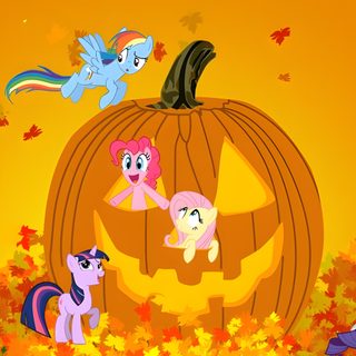 an animated pumpkin with many ponies around it My Little Pony Halloween Fall Ball, Religious Freedom, Halloween, Rainbow Dash, Fluttershy, dark orange