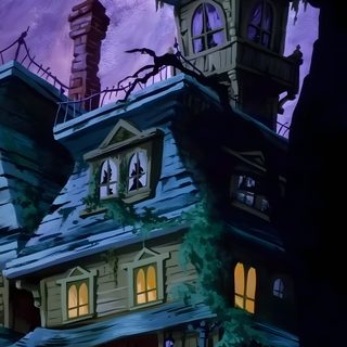 an animated house with people standing in front of it and trees around the house at night Cartoon Network Halloween Scooby Doo Spooky Island, Scooby Doo Haunted House Cartoon, Scooby Doo Cartoon Background, dark slate gray