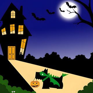 an image of a halloween scene with a cat and dragon in front of a house Halloween Scottish Terrier Scottish Terrier Background, Radley Dog Logo, Scottish Terrier Ideas, midnight blue