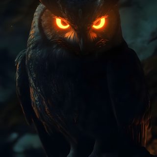 an owl with glowing eyes sitting on a rock Halloween Owl Hd Dark Owl Photography, Dark Owl Red Eyes, Black Owl, Dark Background Owl Image,
